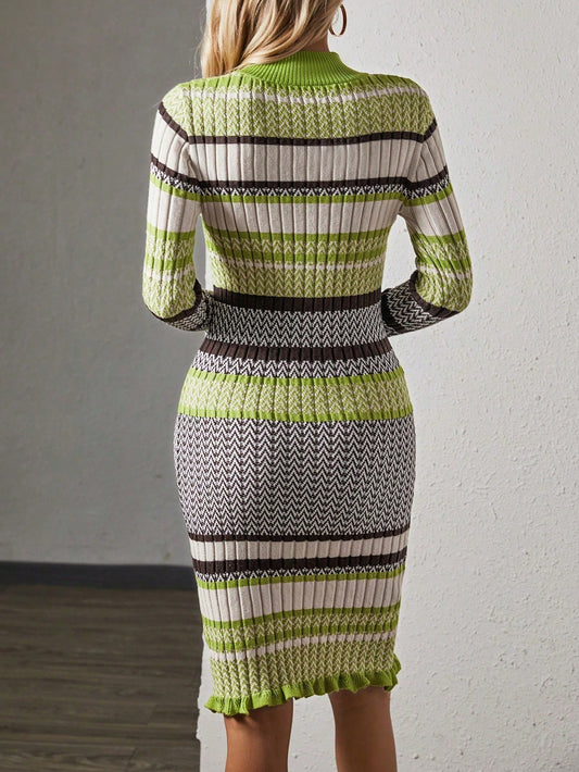 Chic Color Block Slim Fit Sweater Dress for Effortless Autumn Style