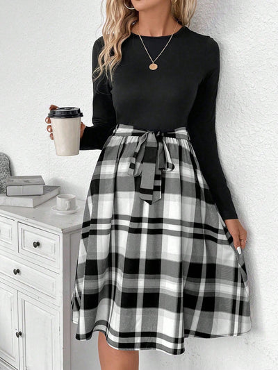 Chic Plaid Print Belted Long Sleeve Dress - Perfect for Any Occasion!