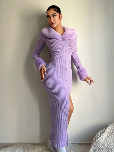 Chic Purple Long-Sleeve Faux Fur Patchwork Dress for Winter