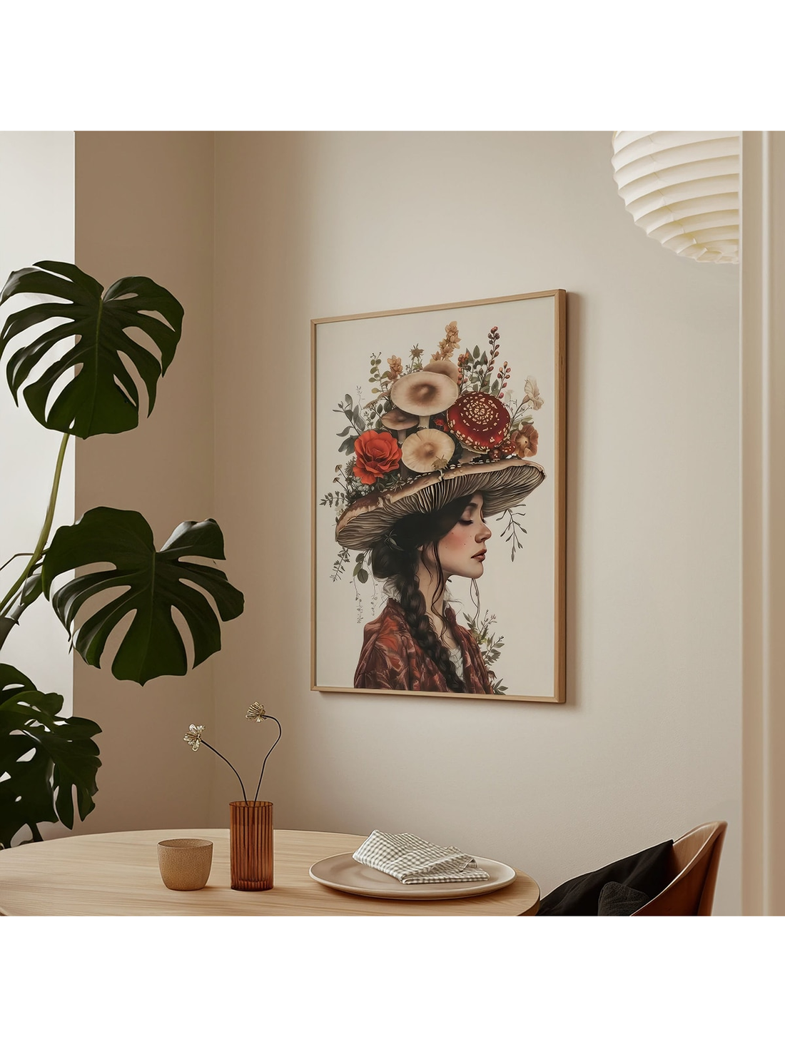 Experience the enchanting beauty of nature with our Mushroom Woman Canvas Art Print. This vintage botanical decor will add a dreamy touch to any space. Embrace your inner whimsy and decorate your walls with this unique and playful piece.