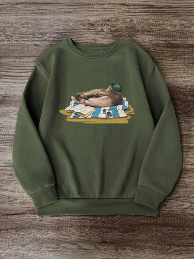 Quirky Charm: Green Headed Duck Print Fleece Sweatshirt for a Cozy Autumn/Winter Look