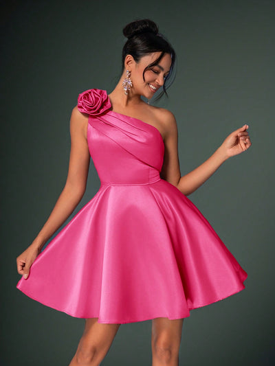 Elegant One-Shoulder Floral Gown in Lotus Pink for Weddings, Graduations, and Prom