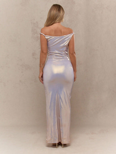 Radiant Elegance: Off-Shoulder Metallic Bodycon Maxi Dress