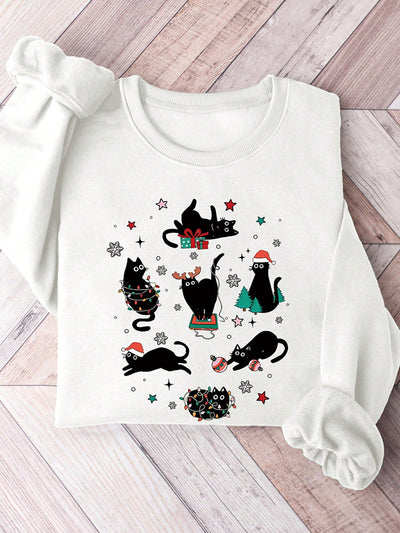 Cozy Casual Christmas Print Fleece-Lined Sweatshirt for Women