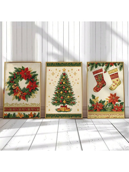 Festive Holiday Canvas Art Set: Vintage Christmas Wreaths & Stockings for Cozy Home Decor