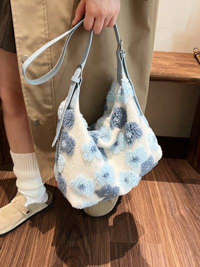 Chic Blue Plush Bucket Bag with Floral Design - Perfect for Autumn & Winter