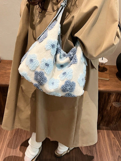 Chic Blue Plush Bucket Bag with Floral Design - Perfect for Autumn & Winter