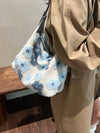 Chic Blue Plush Bucket Bag with Floral Design - Perfect for Autumn & Winter