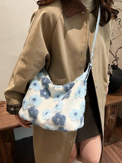 Chic Blue Plush Bucket Bag with Floral Design - Perfect for Autumn & Winter