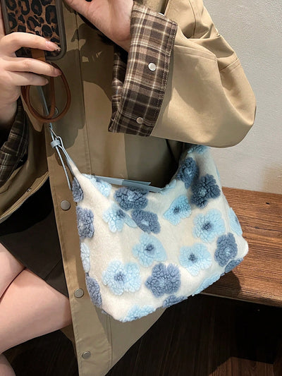 Chic Blue Plush Bucket Bag with Floral Design - Perfect for Autumn & Winter