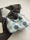 Chic Blue Plush Bucket Bag with Floral Design - Perfect for Autumn & Winter