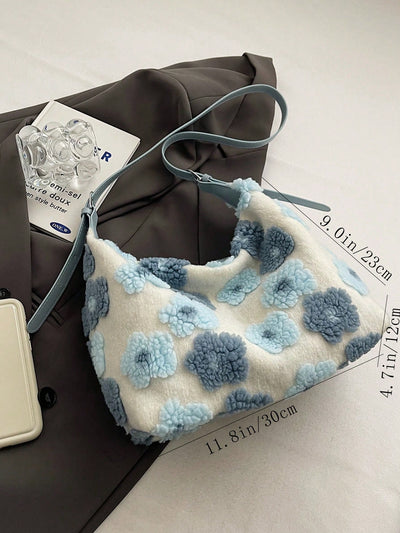 Chic Blue Plush Bucket Bag with Floral Design - Perfect for Autumn & Winter