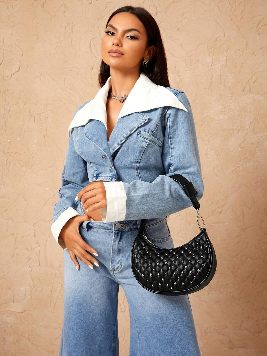 Close-up view of stylish rivet plaid shoulder bag with metal buckle - trendy women's underarm bag with plaid pattern, rivet accents, metal buckle for everyday style