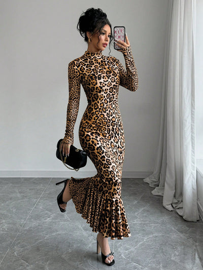 Elegant Leopard Print Mermaid Dress - Perfect for Autumn & Winter