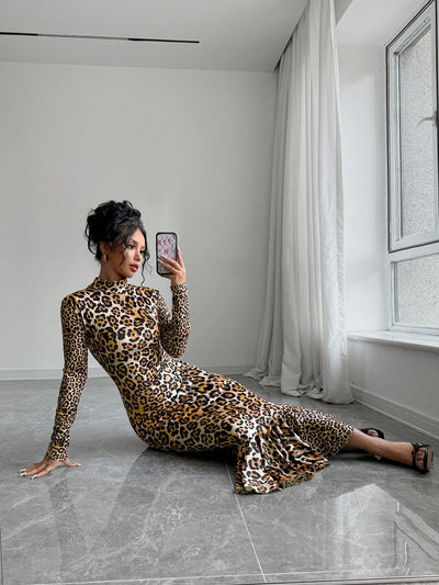 Elegant Leopard Print Mermaid Dress - Perfect for Autumn & Winter