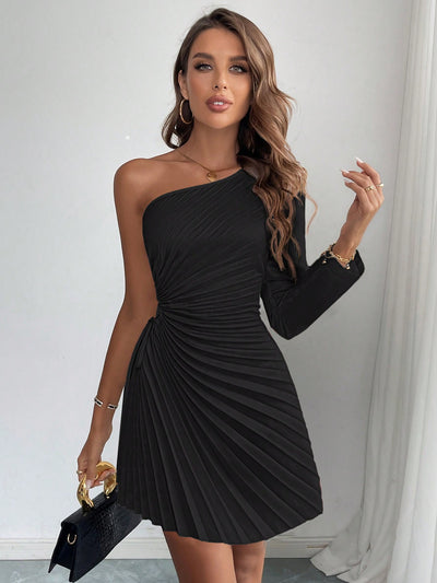 Chic Asymmetric Neck Pleated Mini Dress - Perfect for Autumn Elegance