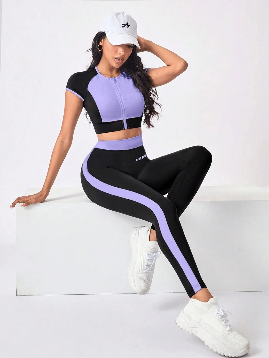 crew neck zip crop top and striped long leggings women sportswear set with colorblock panels image 7