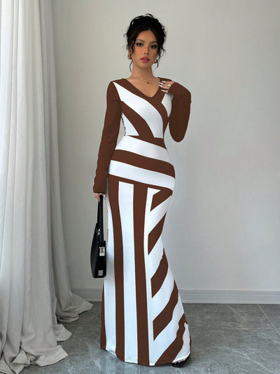 Chic Colorblock Striped V-Neck Fish Tail Dress - Elegant Extra Long Fitted Style for Women