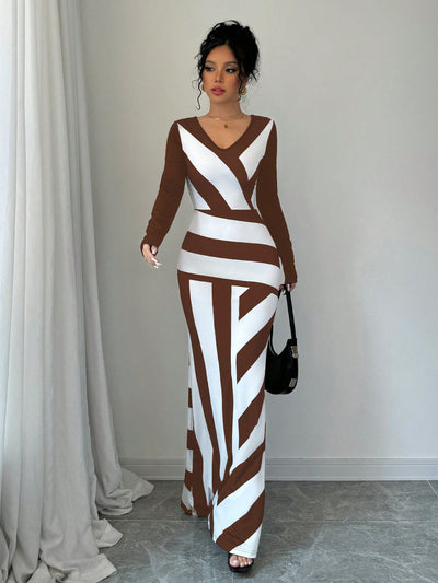 Chic Colorblock Striped V-Neck Fish Tail Dress - Elegant Extra Long Fitted Style for Women