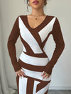 Chic Colorblock Striped V-Neck Fish Tail Dress - Elegant Extra Long Fitted Style for Women