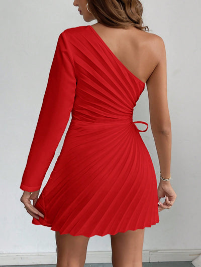 Chic Asymmetric Neck Pleated Mini Dress - Perfect for Autumn Elegance