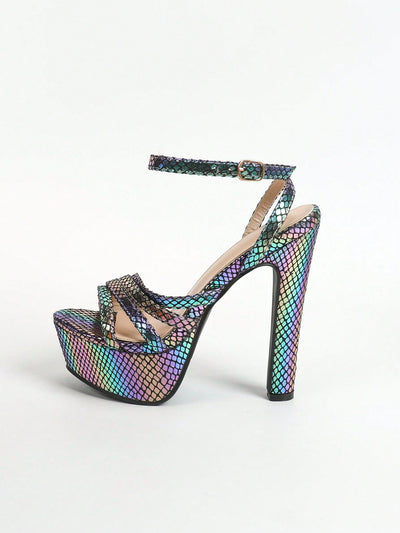 Vibrant Snake Skin Platform Sandals for Halloween - Strappy High Heel Design