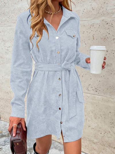 Chic Flap Detail Belted Corduroy Shirt Dress – Effortless Style & Comfort