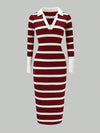 Chic Striped Midi Dress with Lapel Collar & Long Sleeves