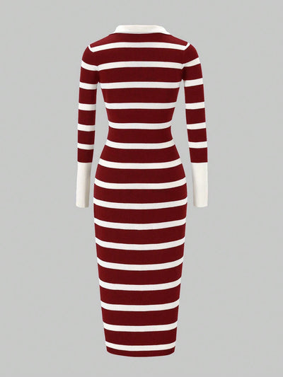 Chic Striped Midi Dress with Lapel Collar & Long Sleeves