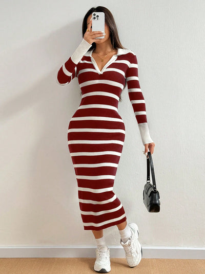 Chic Striped Midi Dress with Lapel Collar & Long Sleeves