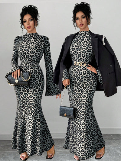 Chic & Wild: Leopard Print Bell Sleeve Maxi Dress for Effortless Elegance