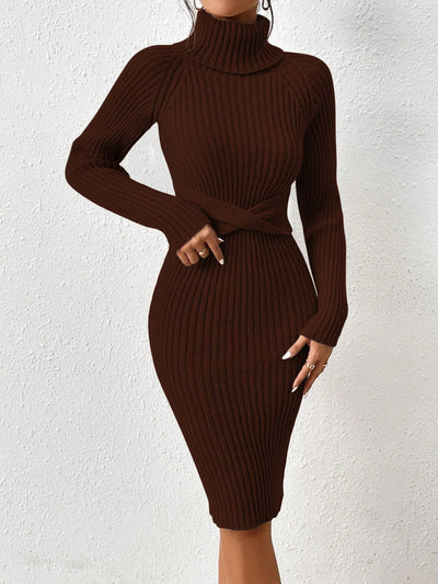 Chic Twist-Front Turtleneck Sweater Dress with Raglan Sleeves