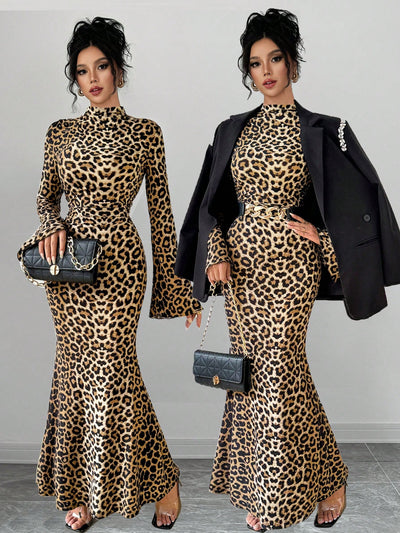 Chic & Wild: Leopard Print Bell Sleeve Maxi Dress for Effortless Elegance