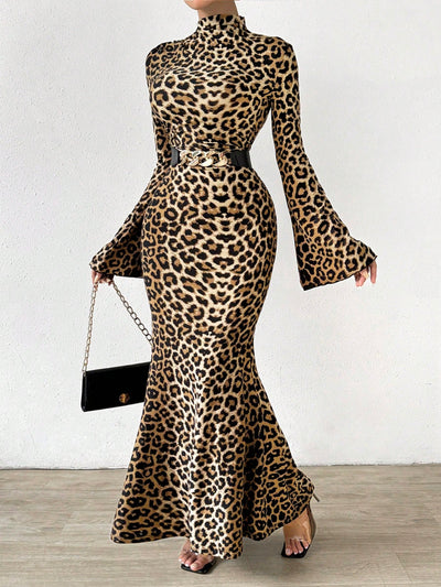 Chic & Wild: Leopard Print Bell Sleeve Maxi Dress for Effortless Elegance