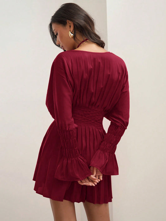 Chic Pleated Mini Dress for Women - Elegant Red V-Neck Long Sleeve Fall Outfit