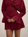 Chic Pleated Mini Dress for Women - Elegant Red V-Neck Long Sleeve Fall Outfit