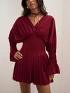 Chic Pleated Mini Dress for Women - Elegant Red V-Neck Long Sleeve Fall Outfit