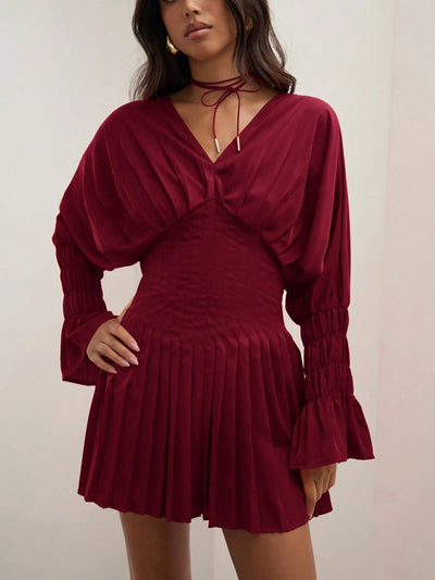 Chic Pleated Mini Dress for Women - Elegant Red V-Neck Long Sleeve Fall Outfit