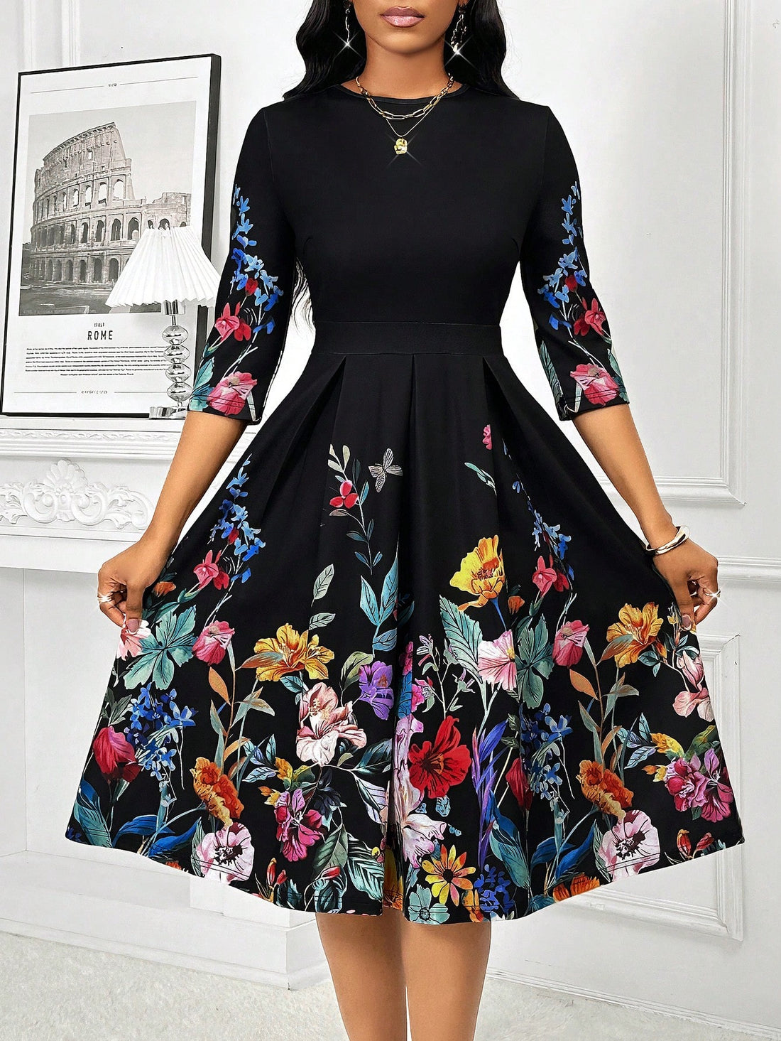 Slip into timeless sophistication with this stunning black midi dress that's equal parts chic and effortlessly wearable. The classic round neckline and flowing long sleeves create a graceful silhouette perfect for everything from brunch dates to evening events. Whether you're dressing it up with heels and jewelry or keeping it casual with sneakers, this versatile piece becomes an instant wardrobe essential. The midi length hits just right, offering that sweet spot between elegant and comfortable. A little b