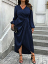 Elegant Plus Size V-Neck Lantern Sleeve Wrap Dress for Spring & Autumn