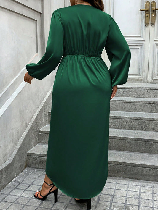 Elegant Plus Size V-Neck Lantern Sleeve Wrap Dress for Spring & Autumn