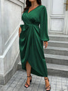 Elegant Plus Size V-Neck Lantern Sleeve Wrap Dress for Spring & Autumn