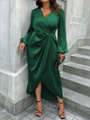 Elegant Plus Size V-Neck Lantern Sleeve Wrap Dress for Spring & Autumn