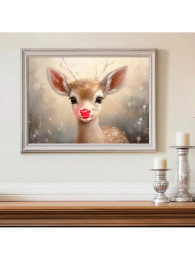 Whimsical Red-Nose Reindeer Christmas Art Poster – Festive Canvas Print for Cozy Home Decor (Unframe)