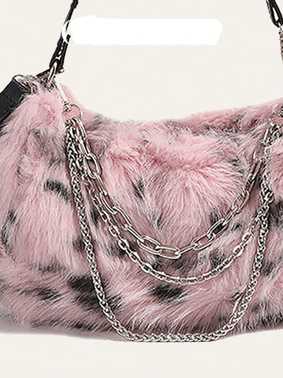 Luxury Leopard Fluffy Shoulder Bag: Elegant, Lightweight Pillow Handbag with Metal Chains