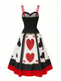Front view of black dress with red double straps poker card skirt print and red hem