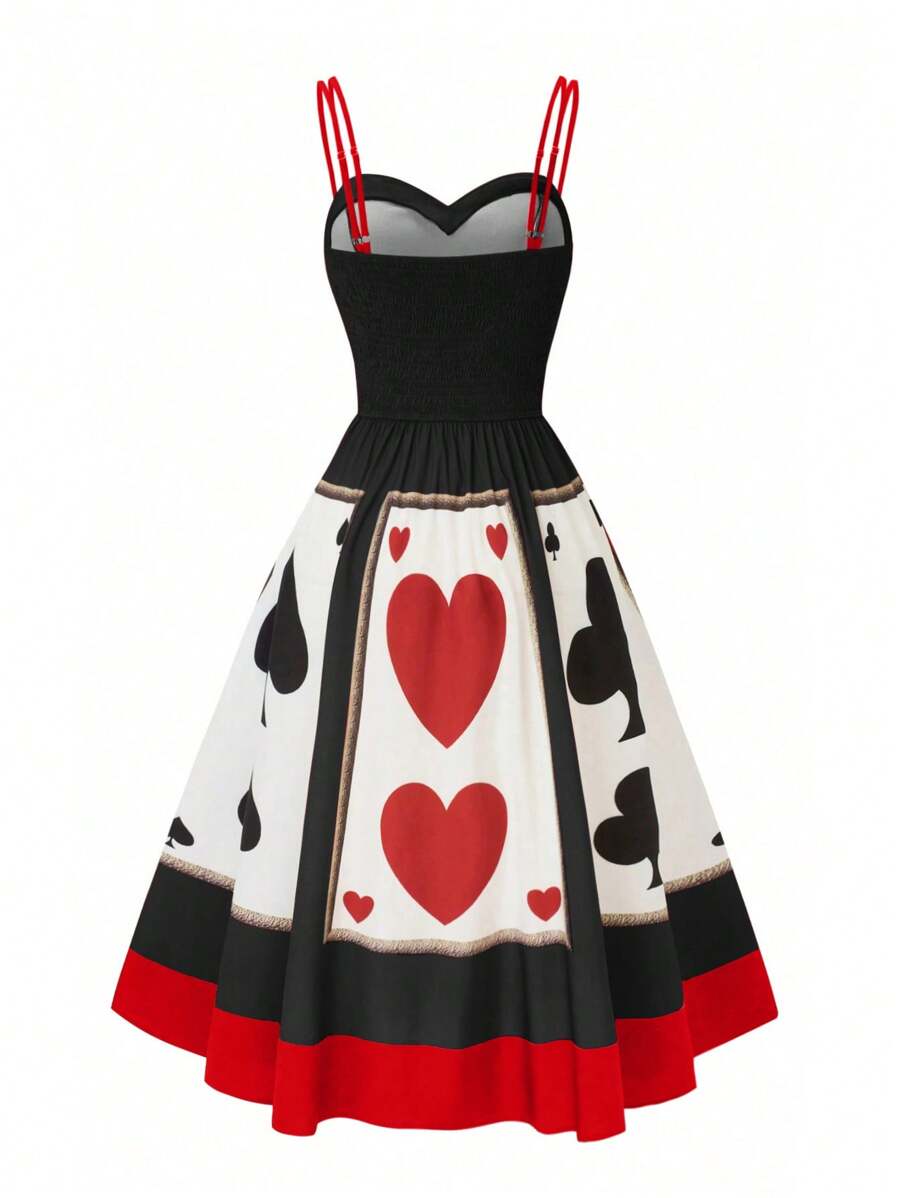 Front view of black dress with red double straps poker card skirt print and red hem