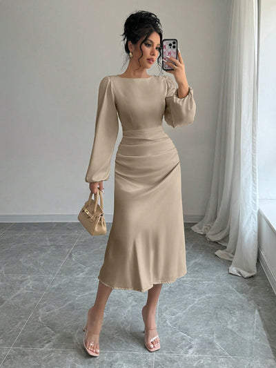 Elegant Autumn Pleated Lantern Sleeve Dress with Gathered Waist – Perfect Casual Style