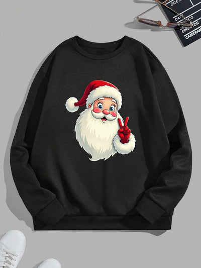 Comfort Meets Style: Santa Claus Print Black Drop Shoulder Crew Neck Sweatshirt