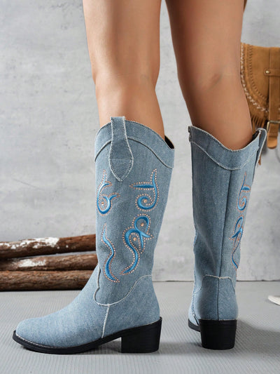 Chic Western Elegance: Women's Thick Heeled Pointed Toe Cowboy Boots